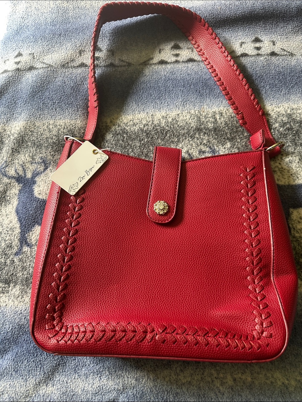 Women's Red Leather Shoulder Bag with Braided Trim